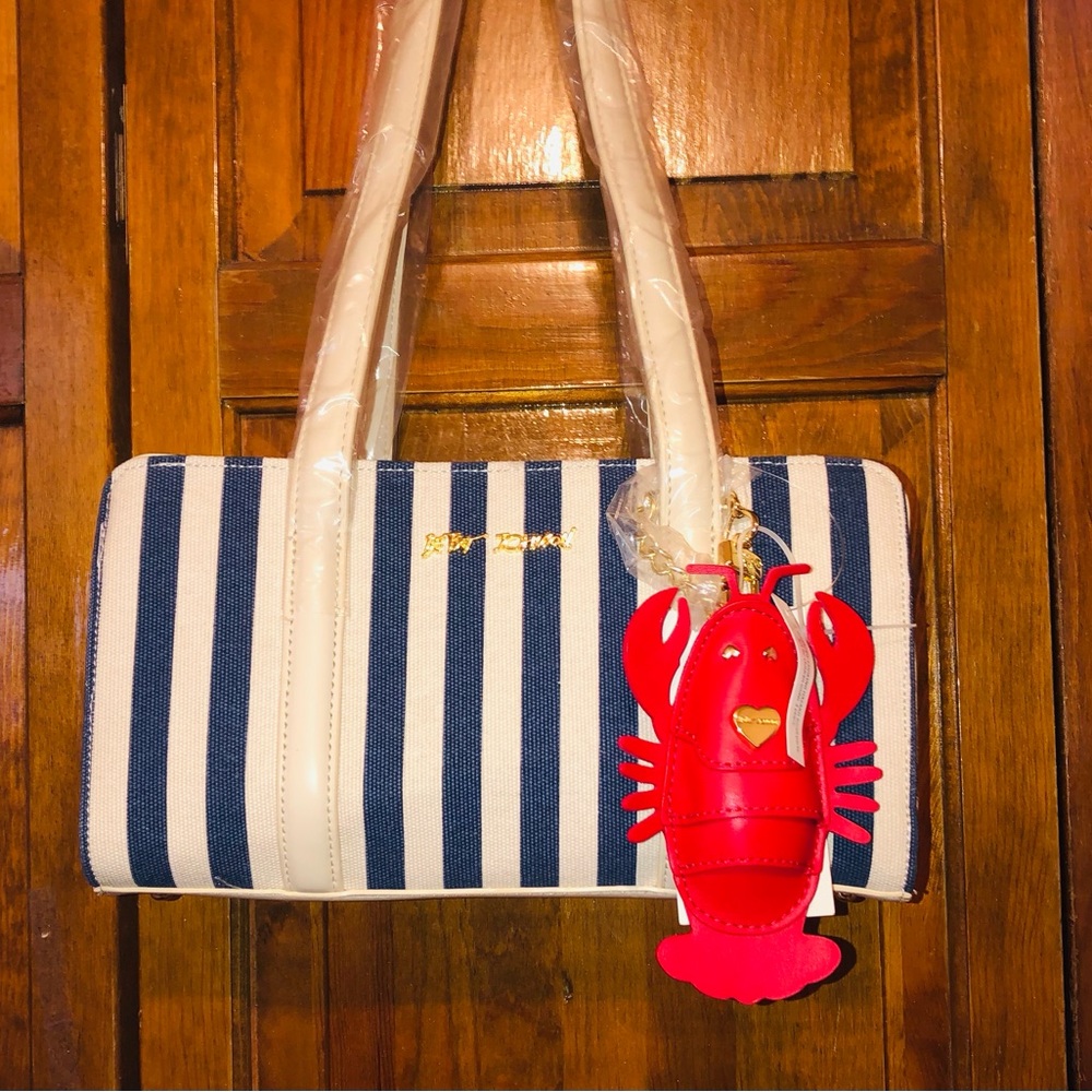 Authentic Betsey Johnson Shoulder Purse, Striped Canvas, Lobster Charm, NWT $94